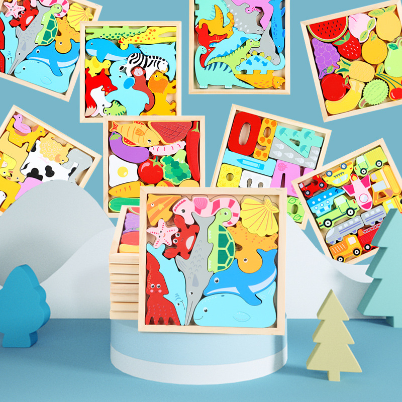 Caricatura animal tridimensional puzzle puzzle puzzle madera infantil educación temprana mano agarrar tablero de frutas y verduras juguetes de tráfico