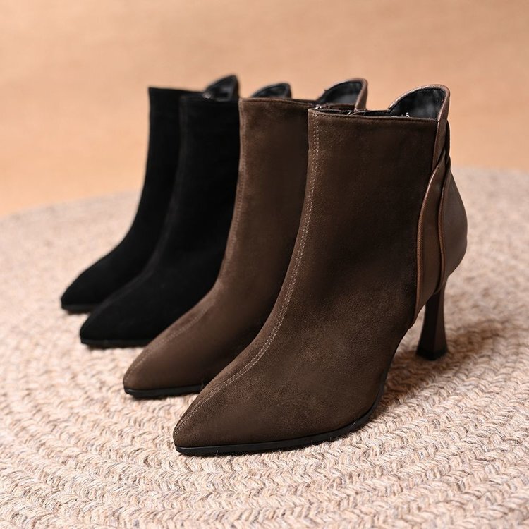 Genuine Suede Pointed Toe Stiletto Side Zipper Short Boots for Women 2025 Autumn and Winter New Style Splicing Versatile Work Clothing Slim Boots