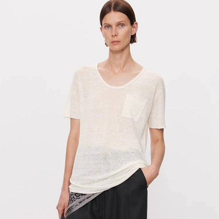 JOC крутая текстура UPW импортный льняной повседневный рулонный край с небольшим карманом, слегка прозрачная футболка с острым U-образным вырезом