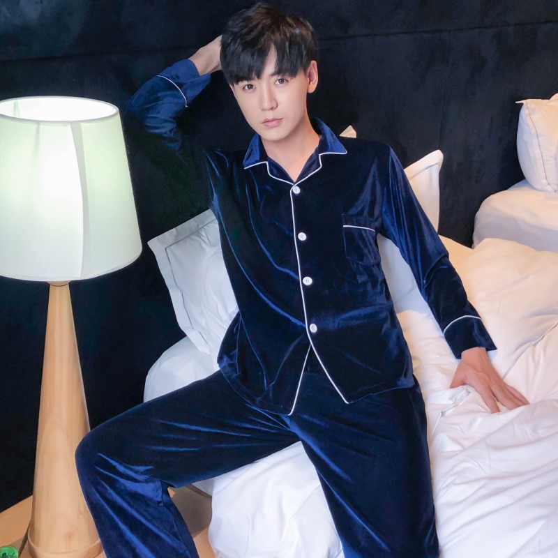 Oro de terciopelo pareja pijamas de las mujeres de estilo coreano de otoño y traje de invierno más tamaño de la boda de manga larga cardigan desgaste del hogar hombres