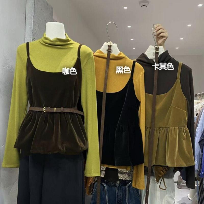 套装圆领新款打底百搭上衣简约吊带花苞T恤长袖秋季叠穿两件套|undefined