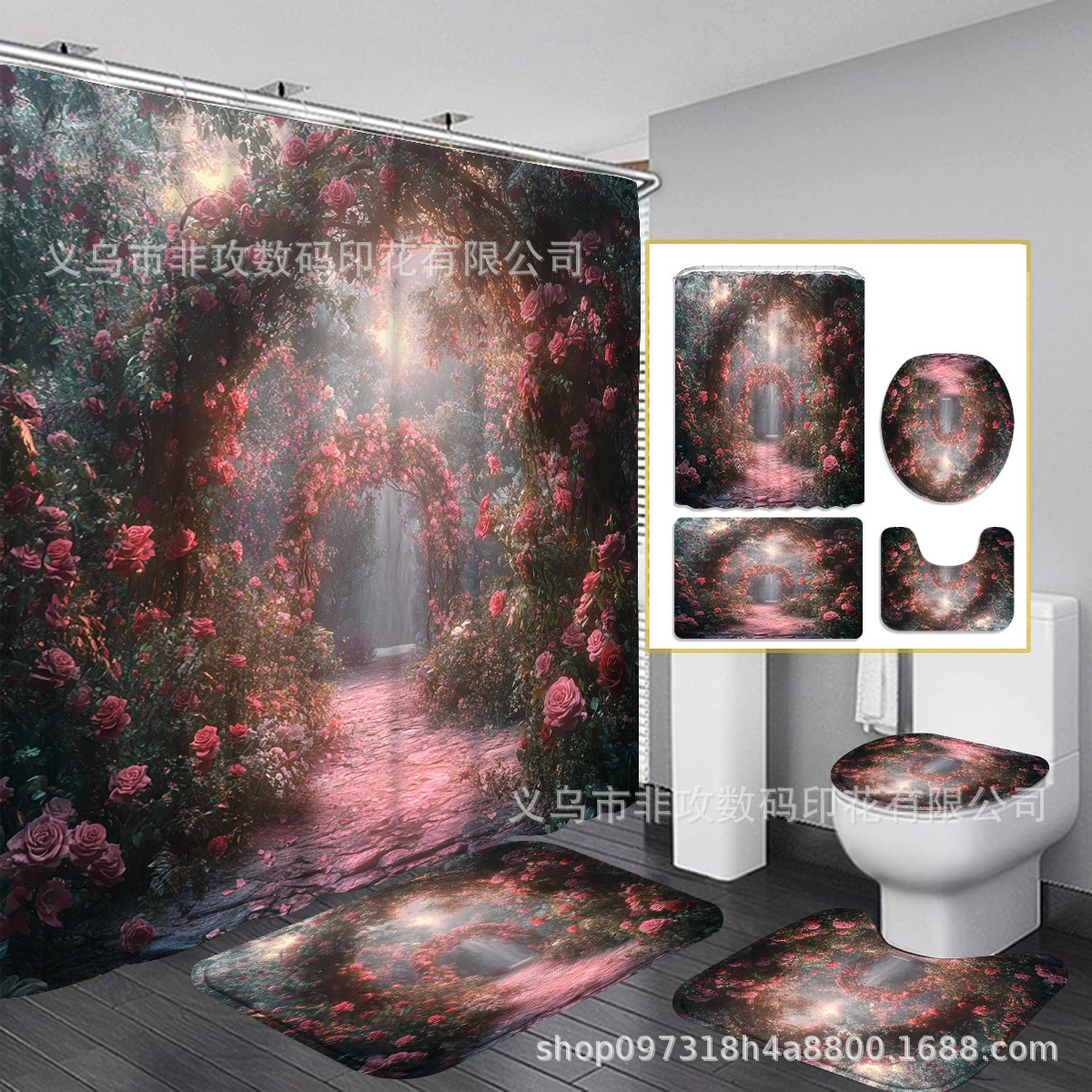 Fabricantes de fuente transfronteriza de comercio exterior cortina de baño de impresión paisajística cuatro piezas de baño cortina de baño impermeable antideslizante conjunto personalizado