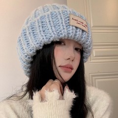 大头围贴布蓝色针织毛线帽女2024年秋冬季显脸小百搭帽子护耳冷帽