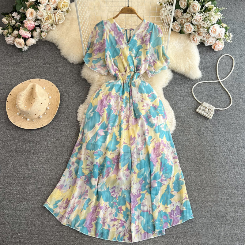 夏季温柔风短袖V领收腰显瘦a字碎花雪纺连衣裙海边度假大摆长裙子|undefined