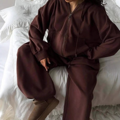 时尚欧美ins风女装休闲长袖连帽运动开衫长裤两件套春秋纯色女装