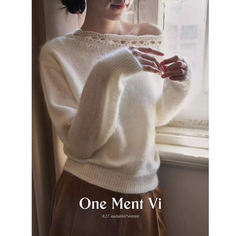 One Ment Vi Six-In-One French Hazy Alpaca Handmade Crocheted Off-Shoulder Knitted Blouse Sweater for Women