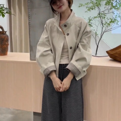韩系短款立领工装外套女2025秋季新款宽松休闲小个子撞色夹克上衣