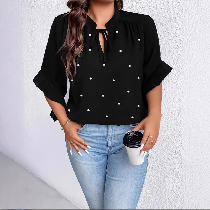 Plus Size Neckline Lace-Up Ruffle Sleeve Faux Pearl Button Shirt
