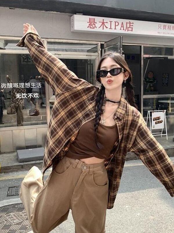 美式复古咖色格子长袖衬衫女秋季美拉德穿搭休闲开衫格纹衬衣外套|undefined