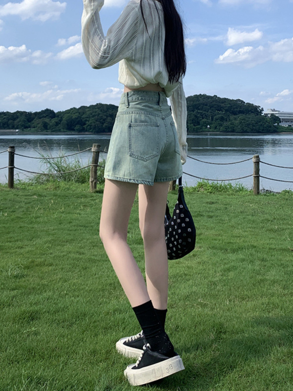 蓝色复古高腰牛仔短裤女2025年夏季新款宽松显瘦薄款a字阔腿热裤|undefined