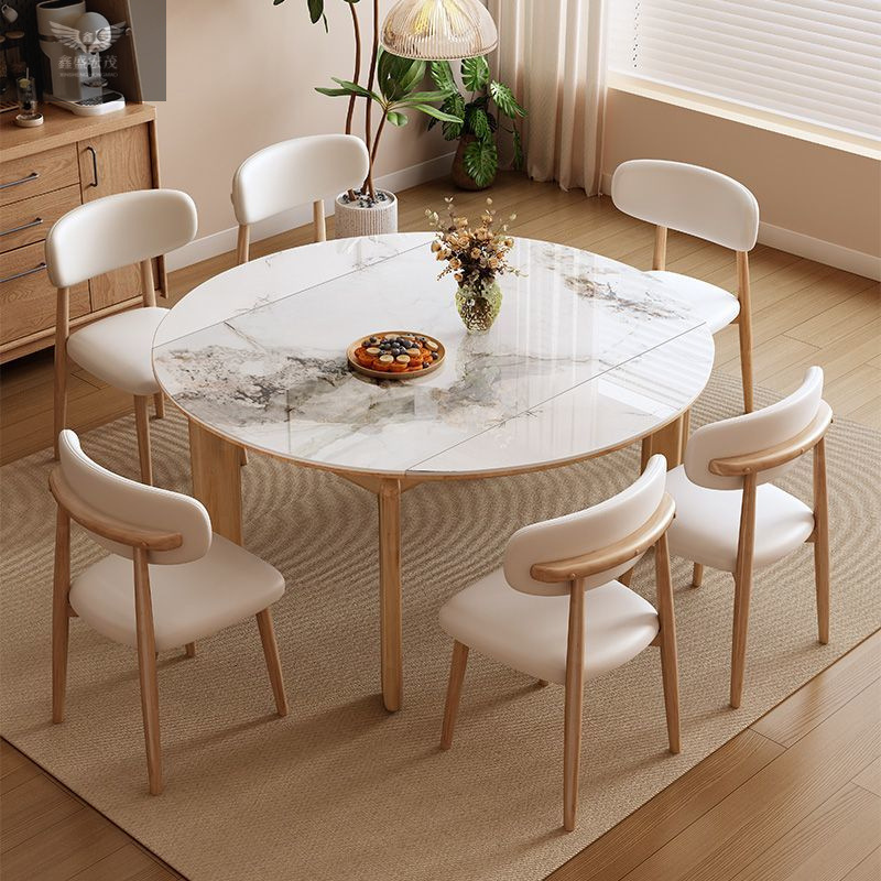 Madera de fresno, madera maciza, radio, mesa de comedor de tablero de roca de estilo nórdico de estilo japonés, mesa de comedor de troncos plegables con patas de elefante de estilo crema