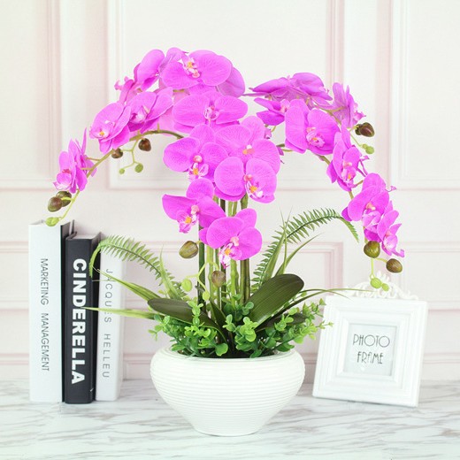 Orquídea artificial Phalaenopsis en maceta de cerámica grande, decoración de interior, flores de seda realistas