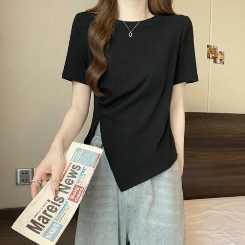 夏季正肩设计感小众抽绳修身短袖女T恤纯欲风辣妹上衣不规则下摆