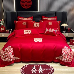 Wedding Four-Piece Set of Big Red Dragon and Phoenix Cotton Embroider Newlywed Wedding Room Gift Wedding Bedding Festive Quilt Bed Sheets
