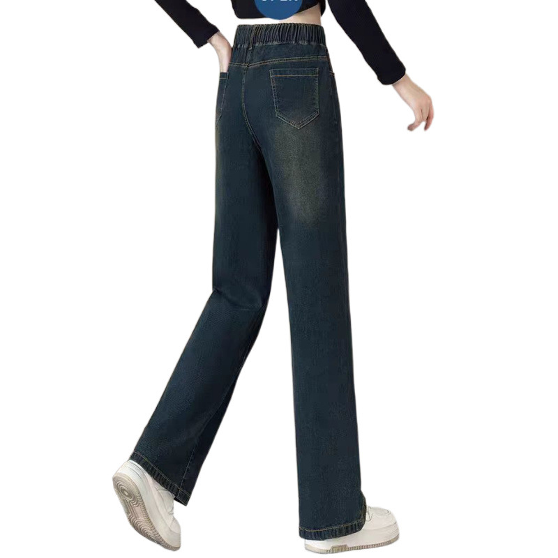 기모 두꺼운 데님 스트레이트 레그 팬츠 여자 2024 년 겨울 뉴 레트로 올매치 하이 웨이스트 루즈 캐주얼 와이드 레그 팬츠