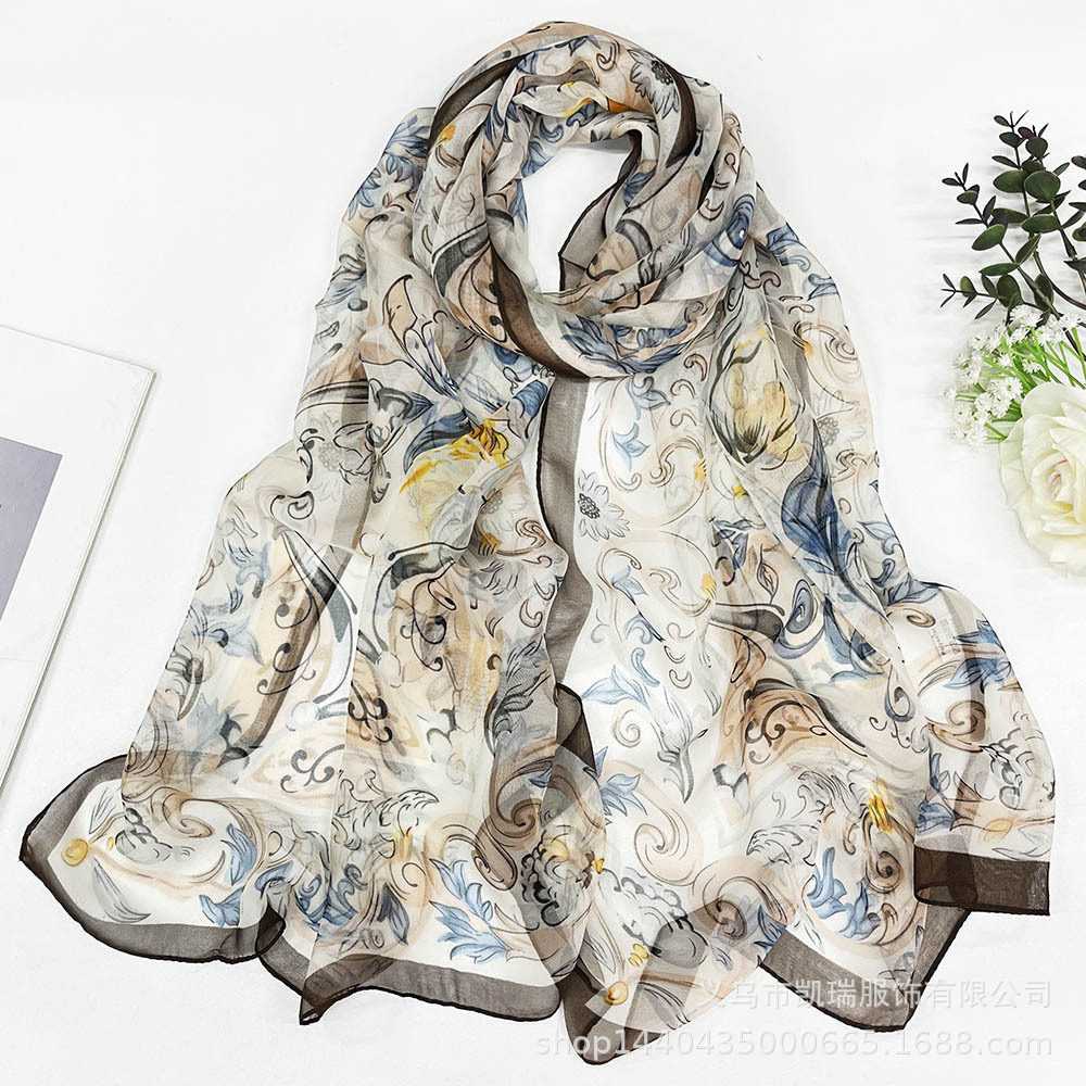 New Printed Women's Thin Fashion Scarf Wholesale Foreign Trade Cross-Border Gauze Scarf Poetic Silk Scarf Decorative Sun Protection