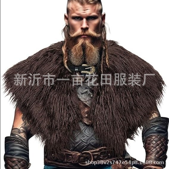 男性式バイキング毛襟マント中世戦士毛皮マントハロウィーンLARP冬コスプレ衣装|undefined