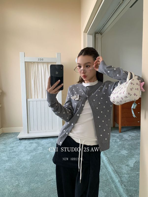 CXI 波点针织开衫女秋季新款叠穿设计感修身百搭长袖小个子外套|undefined