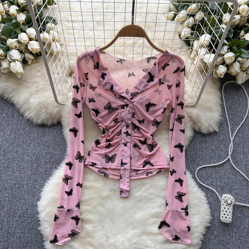 Purely Alluring and Sweet Spicy Girl Style Butterfly Print Inner Mesh Top with V-Neck, Ruched Vintage Slimming Blouse Purely Alluring and Sweet Spicy Girl Style Butterfly Print Inner Mesh Top with V-Neck, Ruched Vintage Slimming Blouse