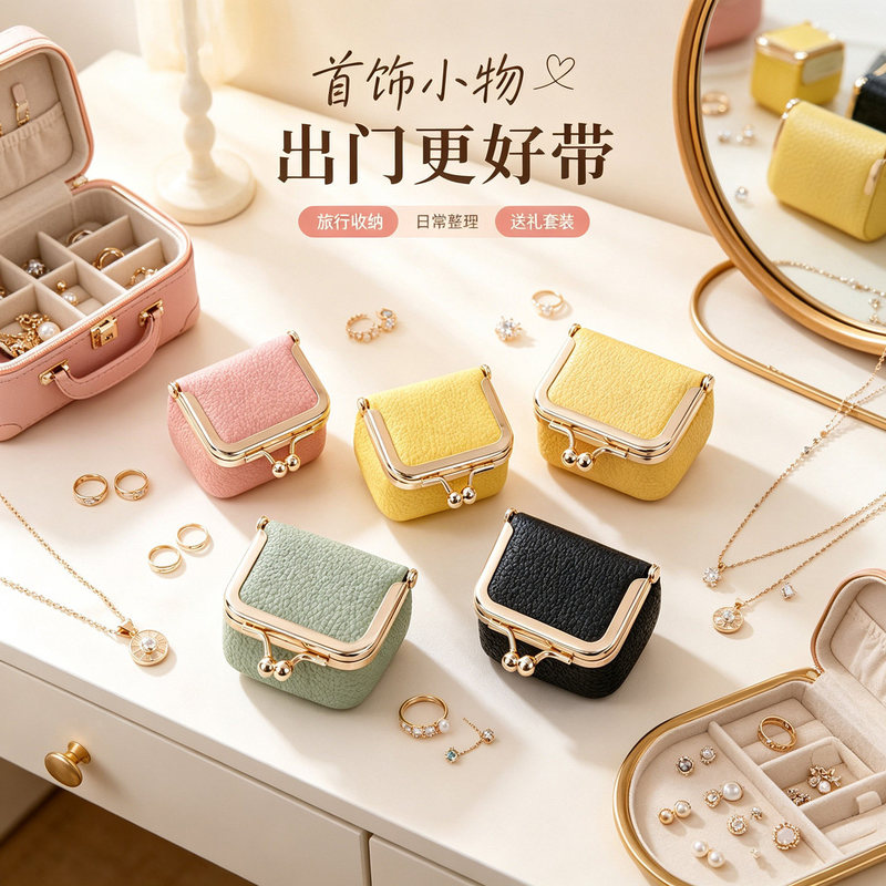 Genuine leather compact clasp bag, cowhide jewelry bag, mini ring necklace earring accessory box, high-end earphone storage bag Genuine leather compact clasp bag, cowhide jewelry bag, mini ring necklace earring accessory box, high-end earphone storage bag