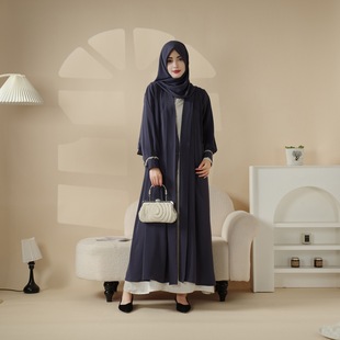 Nisa Clothing Middle Eastern Arabian Imitation Silk Satin Jacket Skirt Cuffs with Diamonds Abaya Women's Robe Moa061