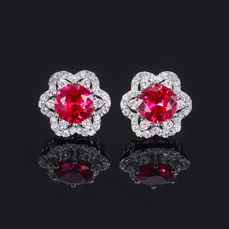 Zhuang Sheng joyería S925 joyería de plata simulación rojo zafiro redondo nicho traje conjuntos de piedra principal 8mm-6mm