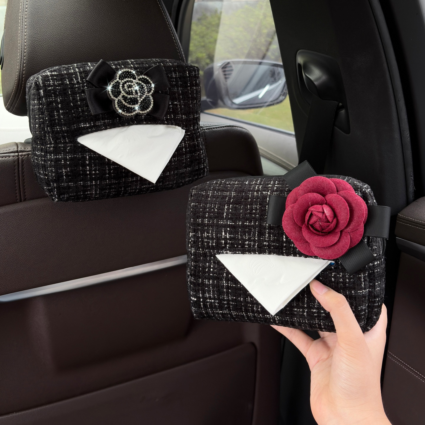 Elegant car tissue box for women, high-end car tissue holder, creative diamond-embellished camellia car tissue hanging bag