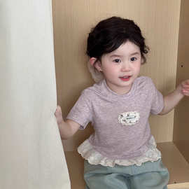 女童短袖T恤2025夏季新款韩版洋气蕾丝花边儿童森系女宝宝ins上衣