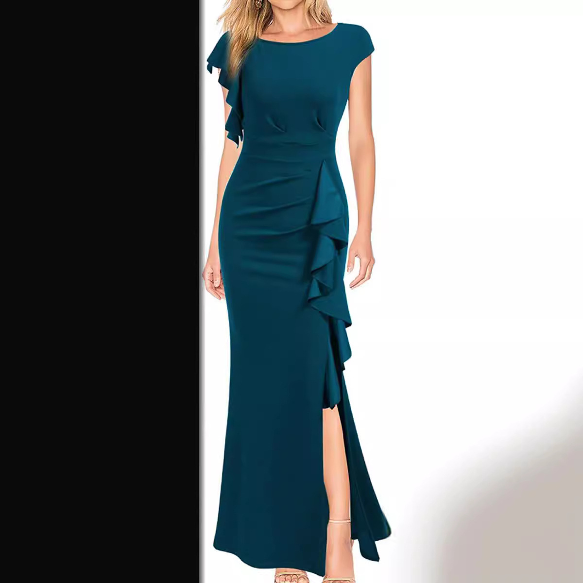 2023 Cross-Border European And American High-Waisted Slit Elegant Fashion Round Neck Commuter Dress Evening Party Gown_ecoleips.com