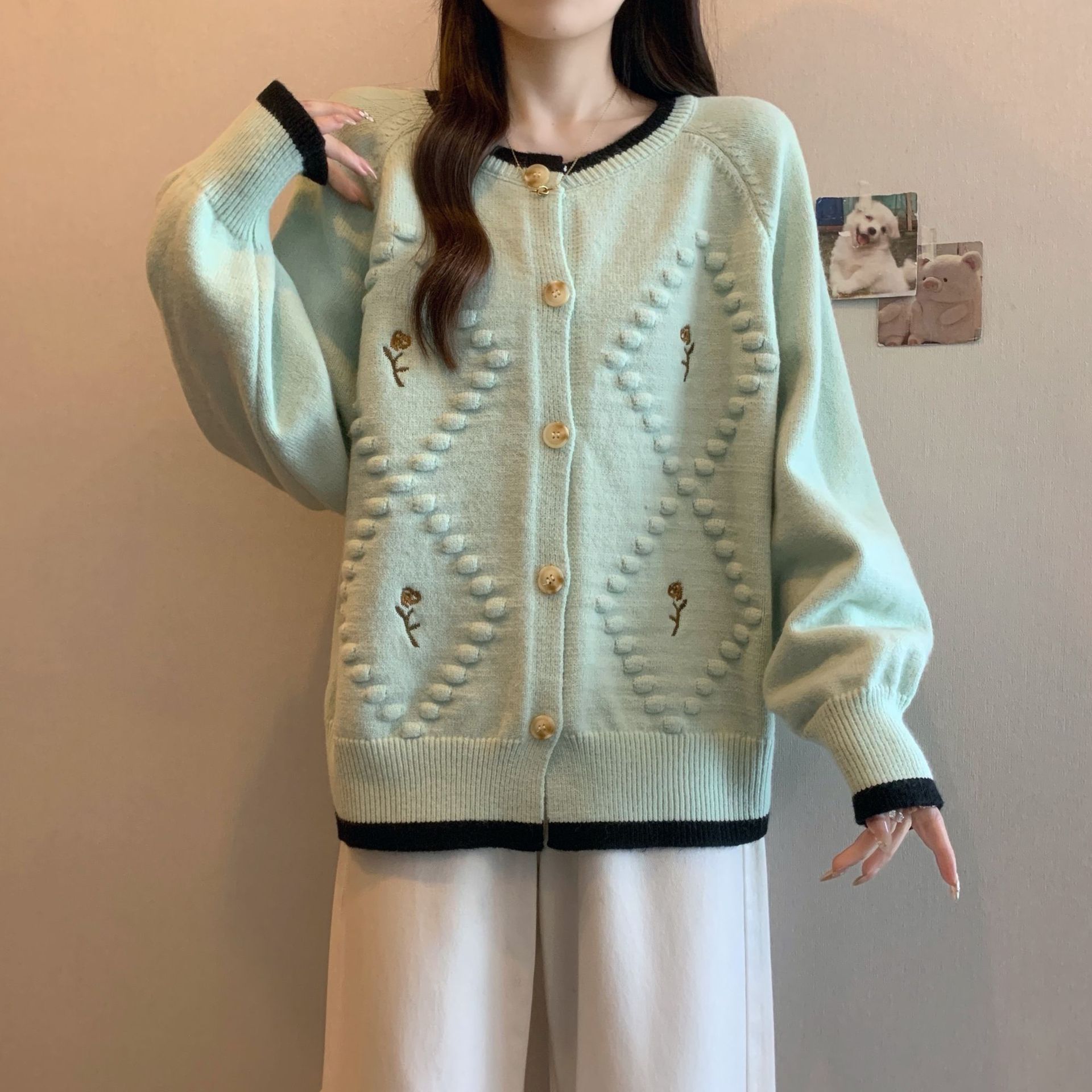 大码女装2025秋新款韩系减龄提花小香风针织开衫显瘦洋气毛衣外套