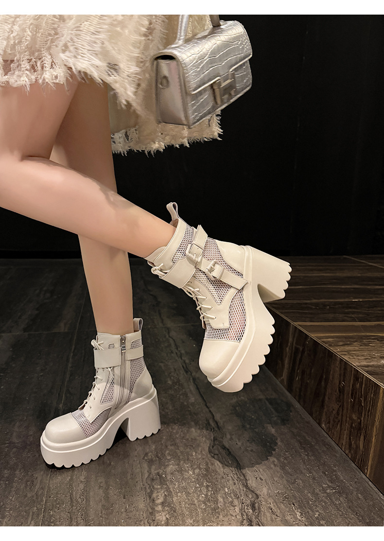 Boot nữ cao gót lưới xuyên thấu phong cách biker, gót thô 9 cm, thoáng khí — màu đen, màu trắng chi tiết 8