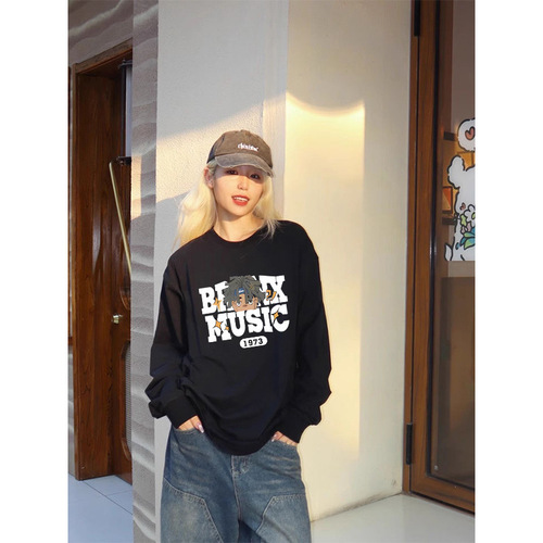 Autumn streetwear oversized loose long-sleeved women's T-shirt versatile top couple round neck sweatshirt trendy