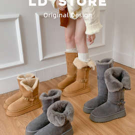 厚底雪地靴长筒2025新款冬季内增高中筒加绒保暖东北灰色高筒棉鞋