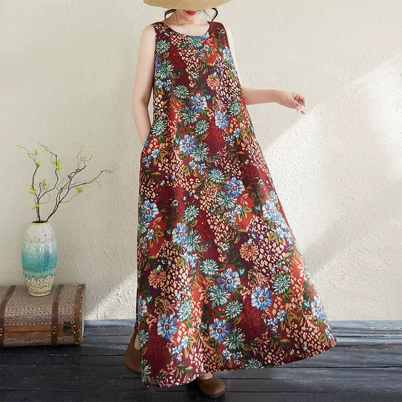 2025 реальный выстрел супер-размера 220 кг Летний богемный национальный стиль принт хлопчатобумажная льняная свободная длинная юбка большая юбка