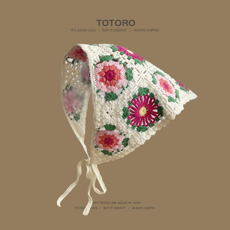 Francia cereza toallas triangulares mujeres primavera y otoño viajes padres-hijos gancho de punto flores hueco pañuelo de arte correa de pelo gorro