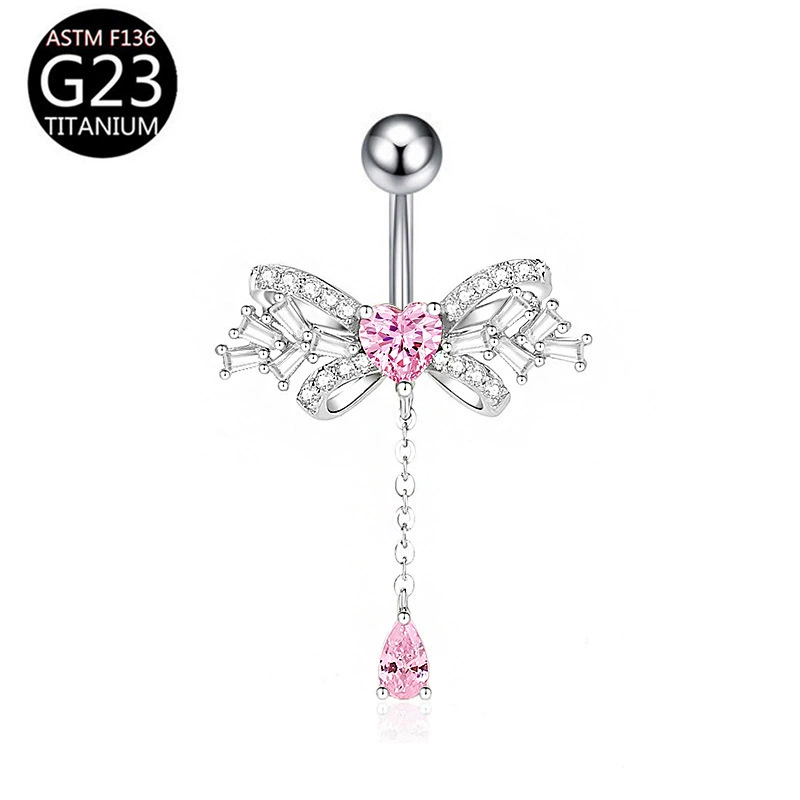 Fuchsia belly button piercing with bow, pendant drop-shaped, European style