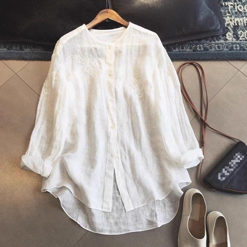 Women's Lightweight Linen Semi-Sheer Shirt, New Summer Style, Loose Fit, Slimming, Embroidered Cotton-Linen Round-Neck Top