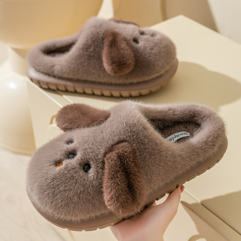 Pantofole di peluche a forma di cucciolo per donna - Simpatiche pantofole da casa a forma di cane con suola spessa antiscivolo e fiocco_voghion.com