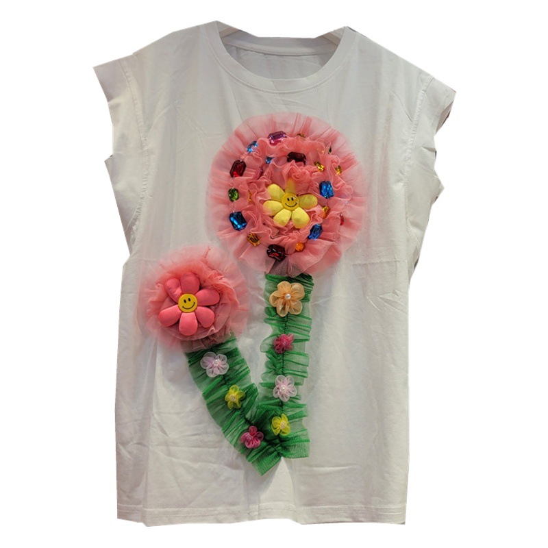 Tailandia marca de moda 2023 verano nueva moda industria pesada cuentas tridimensional malla flor superior suelta Camiseta de manga corta de las mujeres