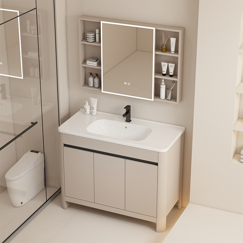Baño de aire crema gabinete de baño de aluminio espacio combinado cerámica todo en un lavabo tipo piso lavabo gabinete lavabo