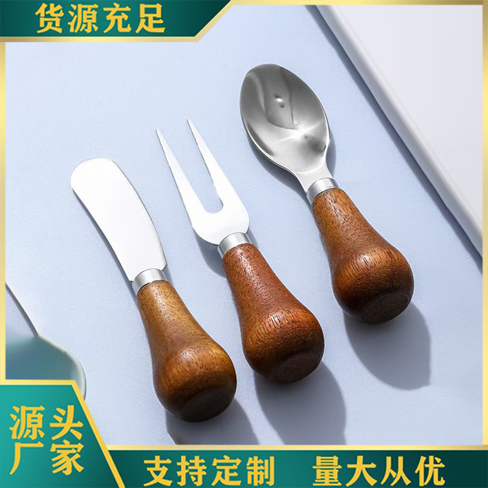 不锈钢刀叉勺仿木餐具短柄甜品叉吃饭汤勺奶油刮刀可立式儿童套装