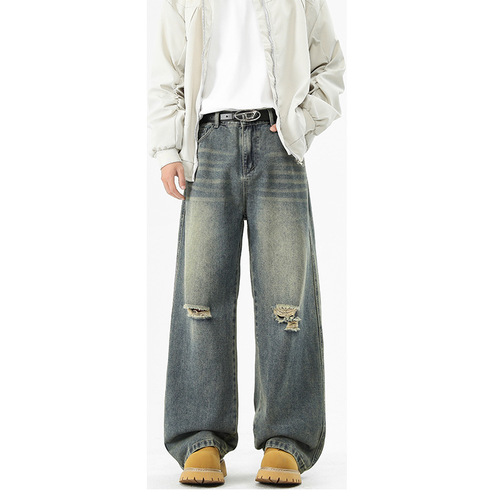 Vintage, broken hole, young and young jeans, men's four-season new style, loose, wide-leg, high-rise, fashionable straight casual long pants
