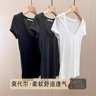 美式复古正肩U领黑色短袖上衣夏季独特漂亮修身新款显瘦辣妹t恤女