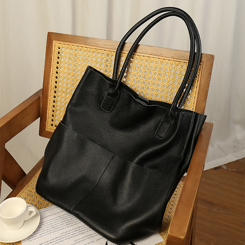 New Genuine Leather Large Capacity Shoulder Tote Bag For Women High-End Minimalist Commuter Soft Cowhide Bucket Bag - Thumbnail 2