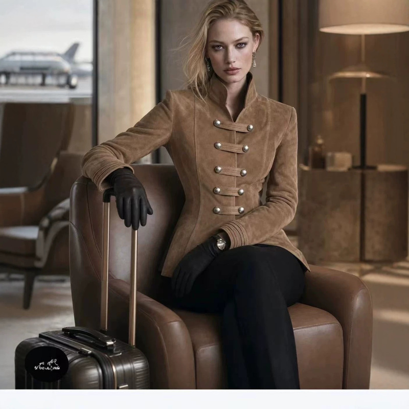 European and American retro suede short jacket for women, autumn and winter, waist-cinching, slimming, stand-up collar, double-breasted, military-style top European and American retro suede short jacket for women, autumn and winter, waist-cinching, slimming, stand-up collar, double-breasted, military-style top