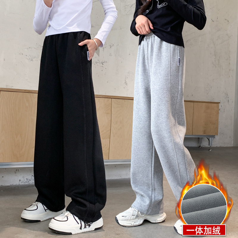女童加绒裤子中大童运动裤2025新款冬装儿童一体绒加厚休闲裤女孩