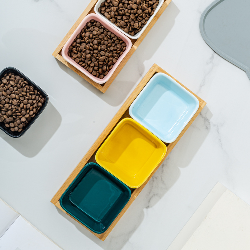 Tazón de mascotas de cerámica de hámster, tazón para gatos, tazón para perros, bandeja de madera, tazón para perros, protector de cuello, tazón para alimentos para gatos, anti-derribado