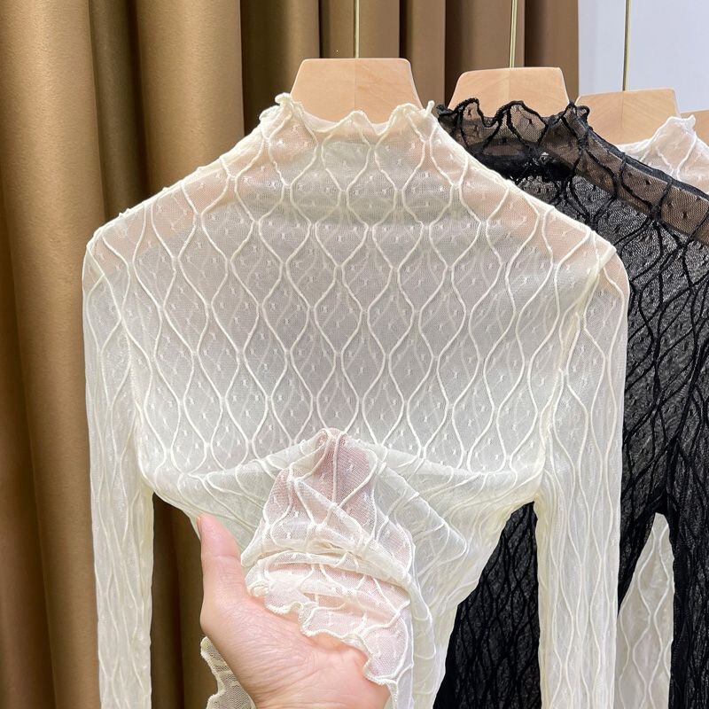 High-neck lace inner top for women, autumn/winter 2023 new stylish thin gauze shirt, white mesh base shirt with long sleeves High-neck lace inner top for women, autumn/winter 2023 new stylish thin gauze shirt, white mesh base shirt with long sleeves
