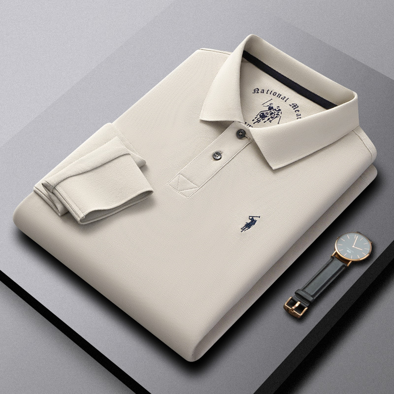 New Style Polo Shirt, Pure Cotton, Embroidered, Skin-Friendly, Breathable, Men's Spring and Autumn High-End Plain Business Long-Sleeve Shirt