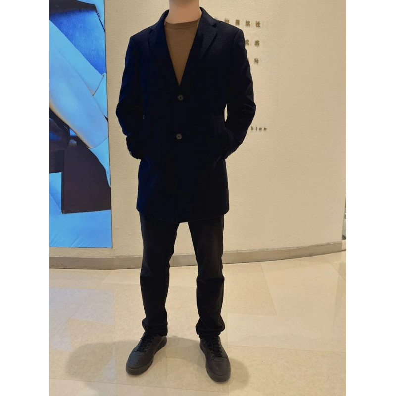 Мужское пальто из чистого кашемира с диагональными карманами, новая модель 2025 года, оригинальный дизайн, темно-синий, длинное пальто с лацканами.